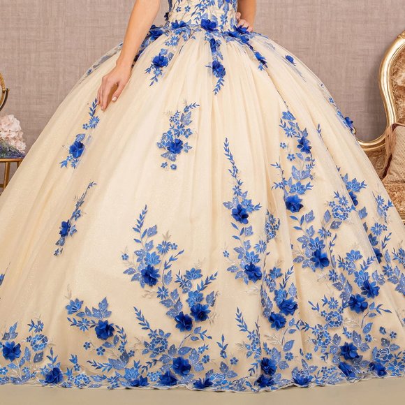 NEW FLOOR LENGTH BALL GOWN WITH FLORAL 3D APPLIQUE GLITTER & LACE UP BACK GL3105 - Picture 4 of 10